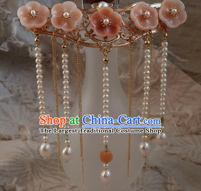 China Handmade Hanfu Pearls Tassel Hairpin Traditional Ancient Ming Dynasty Princess Pink Plum Blossom Hair Stick