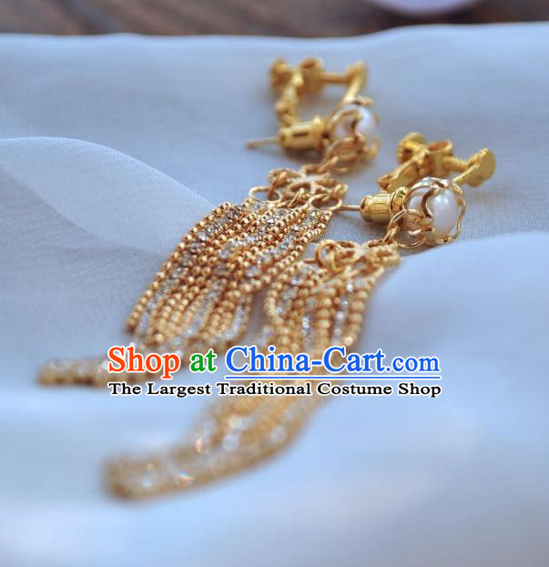 Chinese Traditional Hanfu Golden Tassel Earrings Ancient Princess Pearl Ear Accessories