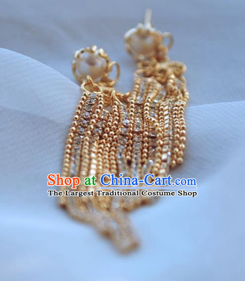 Chinese Traditional Hanfu Golden Tassel Earrings Ancient Princess Pearl Ear Accessories
