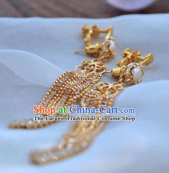 Chinese Traditional Hanfu Golden Tassel Earrings Ancient Princess Pearl Ear Accessories