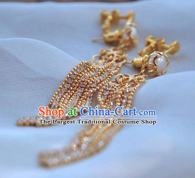 Chinese Traditional Hanfu Golden Tassel Earrings Ancient Princess Pearl Ear Accessories