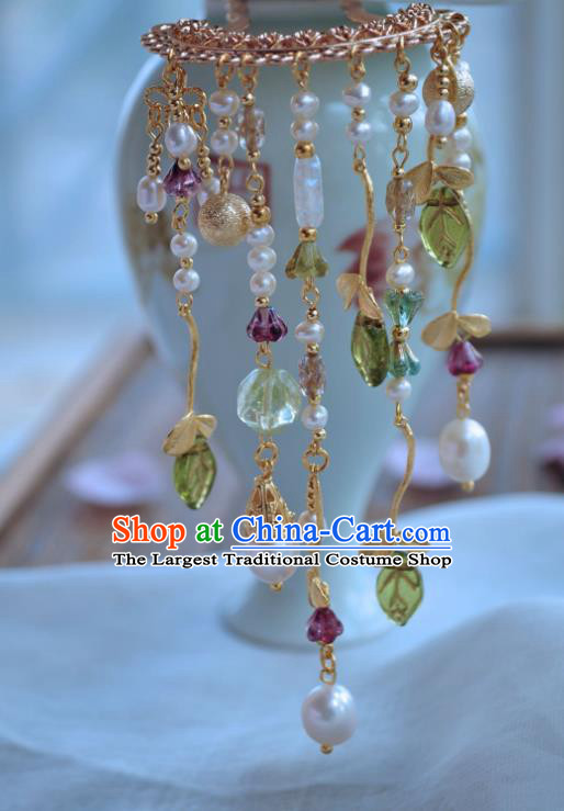 China Handmade Hanfu Pearls Tassel Hairpin Traditional Ancient Tang Dynasty Princess Golden Hair Stick