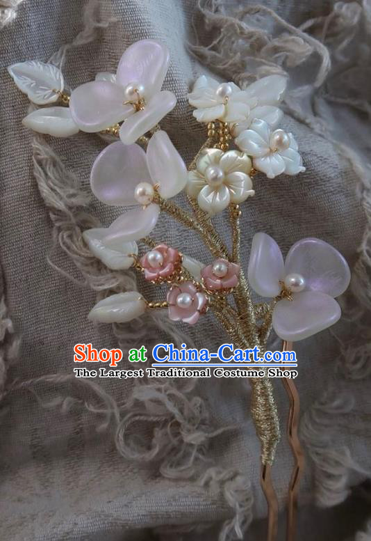 China Traditional Ancient Ming Dynasty Princess White Plum Tassel Hair Stick Handmade Hanfu Shell Leaf Hairpin
