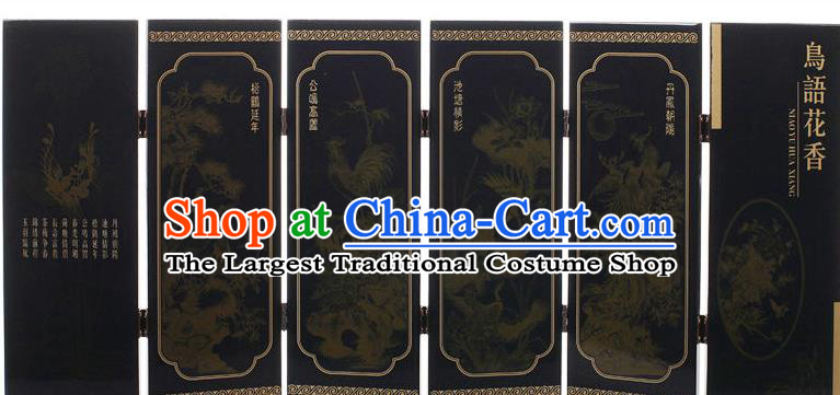 Chinese Traditional Flowers Birds Painting Folding Screen Handmade Lacquerware Black Table Screen
