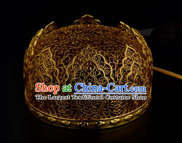 China Ancient Queen Golden Hairpin Handmade Traditional Ming Dynasty Empress Gems Hair Crown