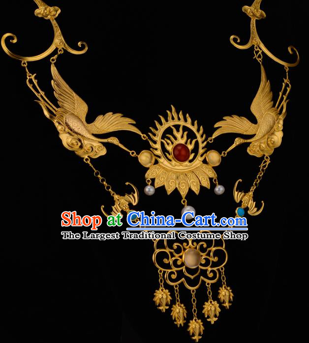 Chinese Ancient Princess Golden Crane Necklace Jewelry Traditional Ming Dynasty Necklet