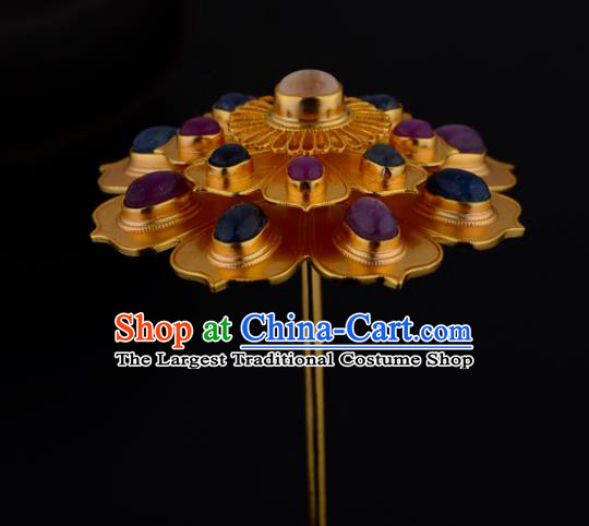 China Ancient Court Queen Golden Lotus Hairpin Handmade Traditional Ming Dynasty Gems Hair Crown