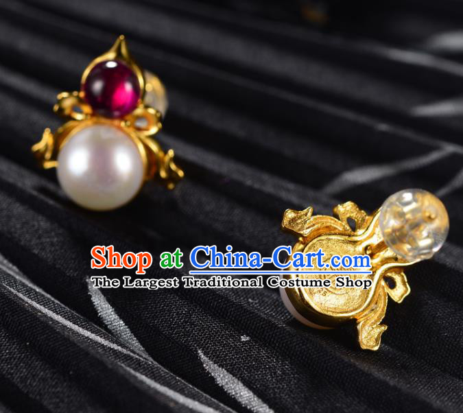 Chinese Traditional Qing Dynasty Court Pearl Earrings Ancient Empress Golden Gourd Ear Accessories