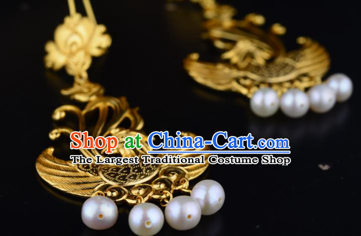Chinese Traditional Tang Dynasty Pearls Tassel Earrings Ancient Queen Golden Phoenix Ear Accessories