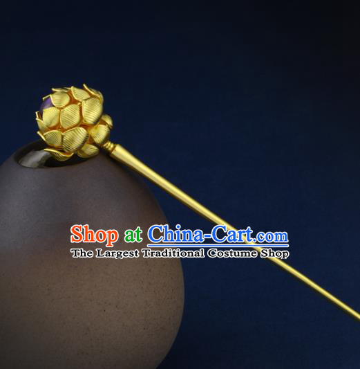 China Traditional Ancient Queen Golden Lotus Hair Stick Handmade Ming Dynasty Empress Amethyst Hairpin