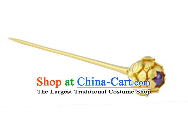 China Traditional Ancient Queen Golden Lotus Hair Stick Handmade Ming Dynasty Empress Amethyst Hairpin