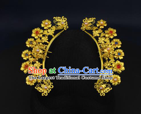 China Ancient Princess Golden Flowers Hairpin Handmade Traditional Ming Dynasty Pearls Gems Hair Stick