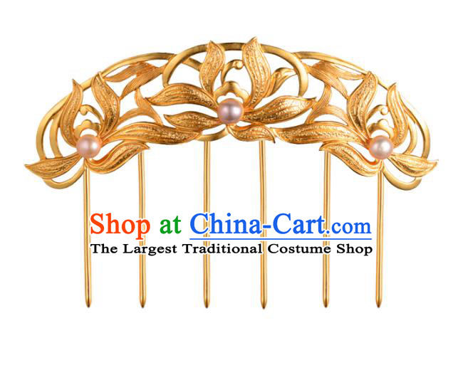 China Ancient Palace Lady Pearls Hairpin Handmade Traditional Ming Dynasty Princess Golden Orchids Hair Crown