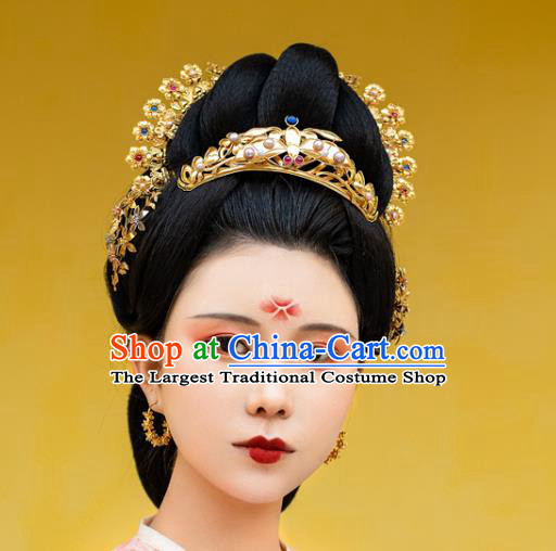 China Ancient Princess Golden Flowers Hairpin Handmade Traditional Ming Dynasty Pearls Gems Hair Stick