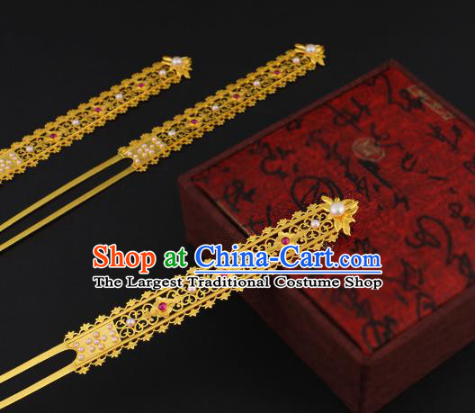 China Ancient Imperial Consort Golden Hairpin Handmade Traditional Tang Dynasty Court Hair Stick