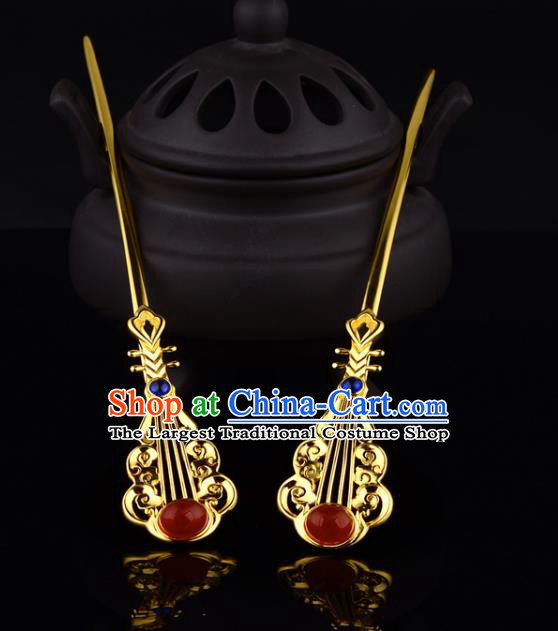 China Ancient Court Lady Golden Lute Hairpin Handmade Traditional Ming Dynasty Empress Agate Hair Stick
