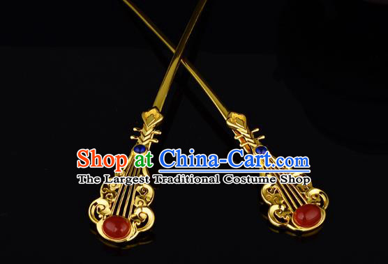China Ancient Court Lady Golden Lute Hairpin Handmade Traditional Ming Dynasty Empress Agate Hair Stick