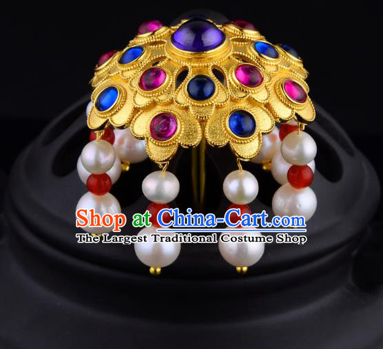 China Ancient Queen Pearls Tassel Hairpin Handmade Traditional Ming Dynasty Golden Peony Gems Hair Stick