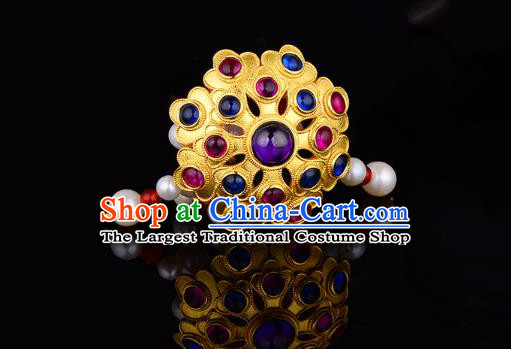 China Ancient Queen Pearls Tassel Hairpin Handmade Traditional Ming Dynasty Golden Peony Gems Hair Stick