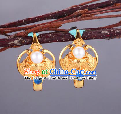 Chinese Traditional Ming Dynasty Queen Golden Bat Earrings Ancient Empress Pearl Ear Accessories