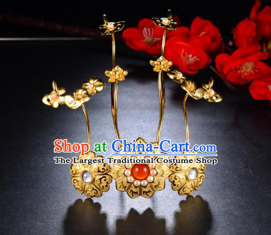 China Ancient Court Woman Pearls Hairpin Handmade Traditional Ming Dynasty Princess Golden Lotus Hair Crown