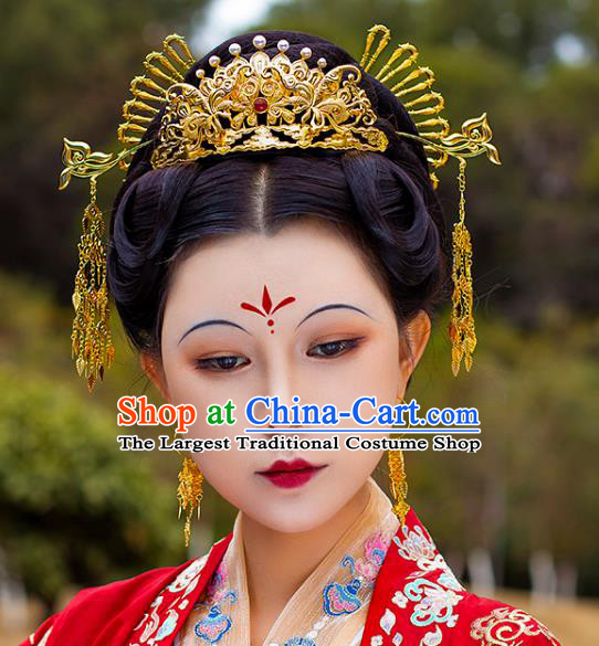 China Ancient Court Empress Agate Pearls Hairpin Handmade Traditional Ming Dynasty Golden Hair Crown