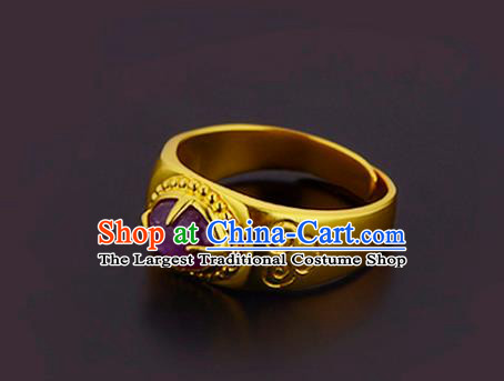 Handmade Chinese Traditional Hanfu Golden Circlet Jewelry Ming Dynasty Court Amethyst Ring Accessories
