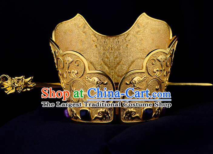 China Ancient King Hair Accessories Handmade Traditional Ming Dynasty Emperor Golden Hairdo Crown
