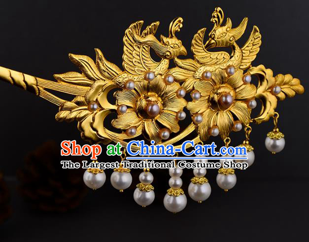 China Ancient Noble Lady Pearls Hairpin Handmade Traditional Ming Dynasty Empress Golden Hair Stick