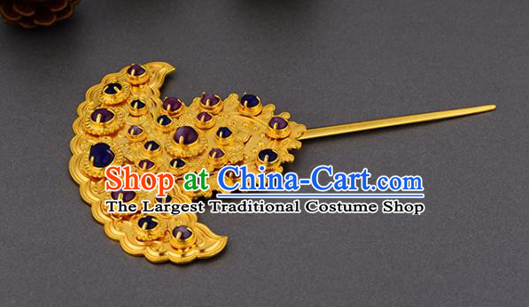 China Ancient Noble Mistress Golden Hairpin Handmade Traditional Ming Dynasty Empress Gems Hair Stick