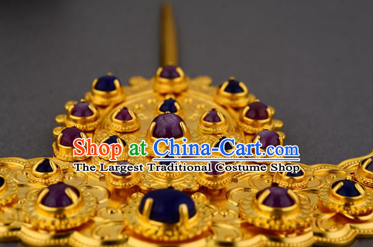 China Ancient Noble Mistress Golden Hairpin Handmade Traditional Ming Dynasty Empress Gems Hair Stick