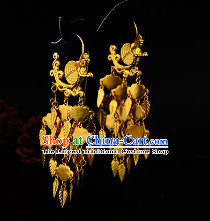Chinese Traditional Hanfu Earrings Ancient Queen Golden Leaf Tassel Ear Accessories