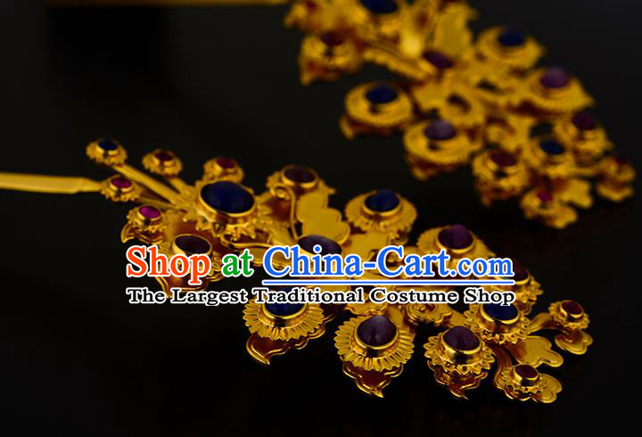 China Ancient Noble Countess Gems Hairpin Handmade Traditional Ming Dynasty Empress Golden Butterfly Hair Stick