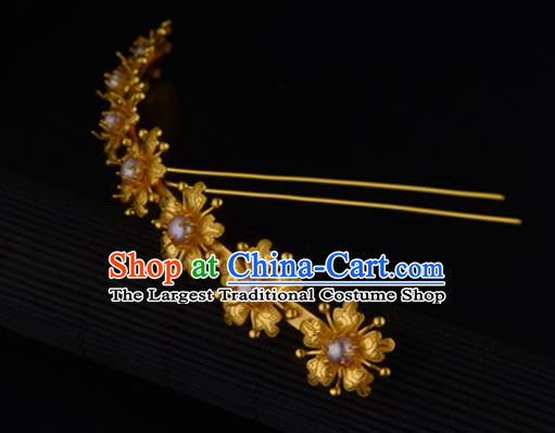 China Ancient Princess Golden Hairpin Handmade Traditional Ming Dynasty Pearls Hair Crown