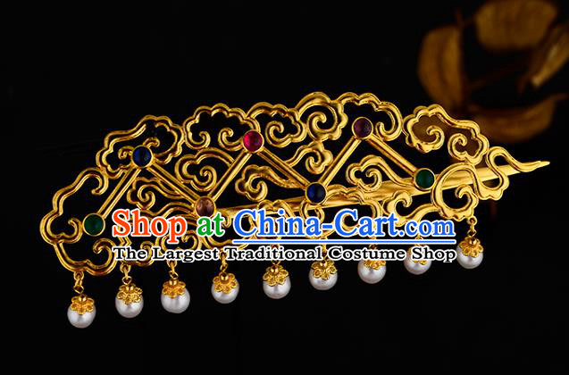 China Ancient Empress Pearls Hairpin Handmade Traditional Ming Dynasty Imperial Consort Golden Hair Stick