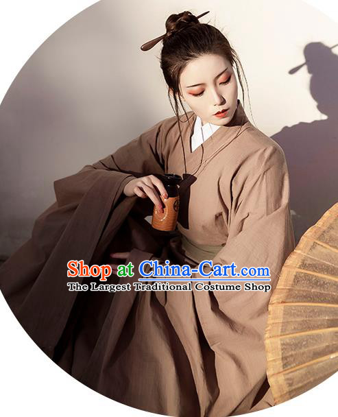 China Ancient Swordsman Hanfu Clothing Traditional Jin Dynasty Scholar Brown Long Robe