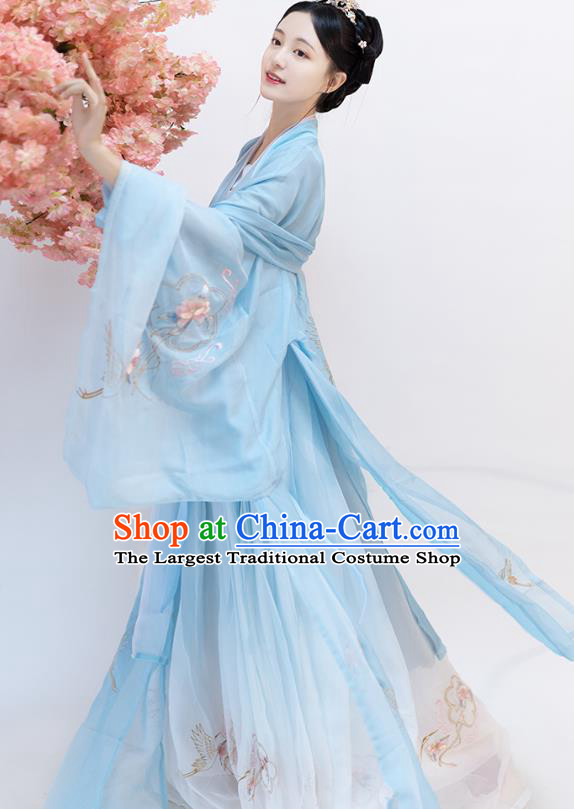 China Ancient Goddess Blue Hanfu Dress Clothing Traditional Song Dynasty Nobility Lady Historical Costumes