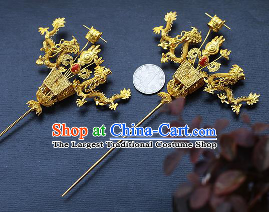 China Ancient King Hairpin Handmade Traditional Ming Dynasty Emperor Golden Dragons Hair Stick