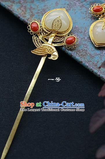 China Ancient Empress Jade Peach Hairpin Handmade Traditional Ming Dynasty Golden Hair Stick