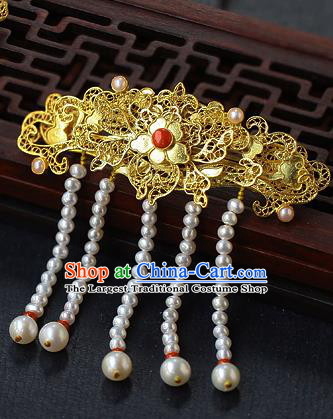 China Ancient Princess Pearls Tassel Hairpin Handmade Traditional Ming Dynasty Filigree Hair Stick