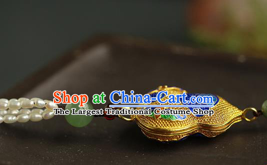 Chinese Traditional Qing Dynasty Pearls Tassel Brooch Ancient Empress Filigree Gourd Pendant Accessories