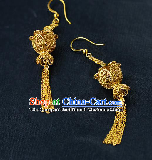 Chinese Traditional Filigree Earrings Ancient Imperial Consort Golden Lantern Tassel Ear Accessories