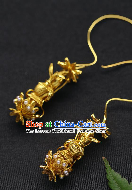 Chinese Ancient Palace Lady Golden God Ear Accessories Traditional Sui Dynasty Princess Garnet Earrings