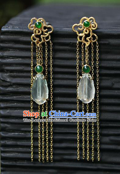 Chinese Handmade Jade Ear Accessories Traditional Cheongsam Golden Tassel Earrings