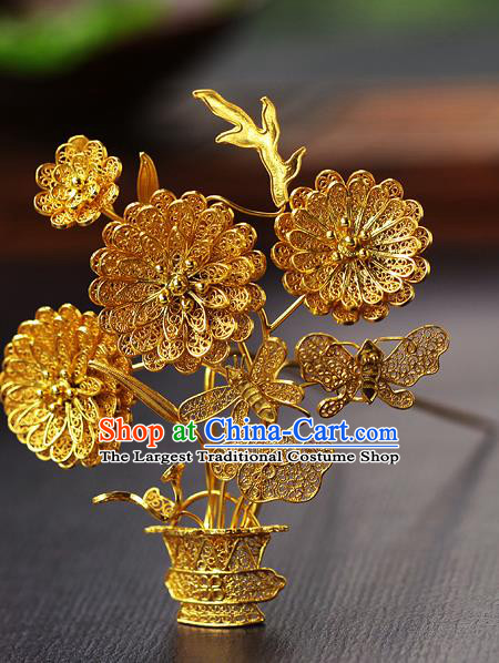 China Ancient Royal Rani Hair Stick Traditional Ming Dynasty Court Filigree Chrysanthemum Hairpin