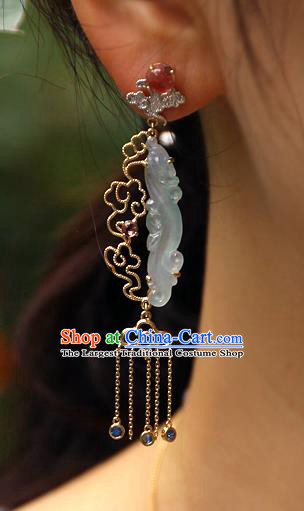 Chinese Handmade Crystal Tassel Ear Accessories Traditional Cheongsam Jadeite Earrings