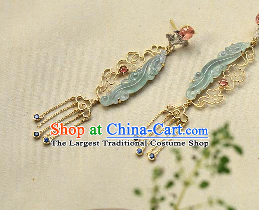 Chinese Handmade Crystal Tassel Ear Accessories Traditional Cheongsam Jadeite Earrings