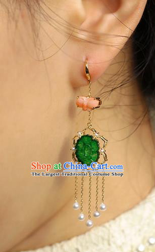 Chinese Handmade Pearls Tassel Ear Accessories Traditional Cheongsam Jadeite Butterfly Earrings