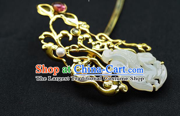 China Ancient Empress Jade Hair Jewelry Traditional Ming Dynasty Queen Golden Hairpin