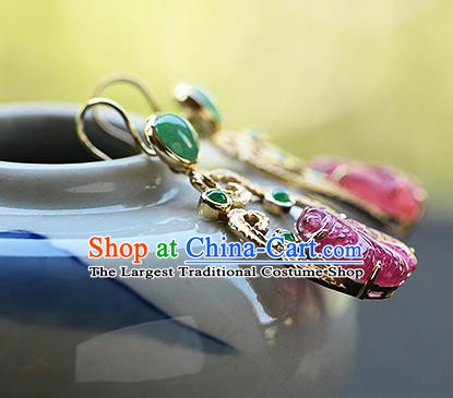 Chinese Handmade Jadeite Ear Accessories Traditional Cheongsam Tourmaline Goldfish Earrings